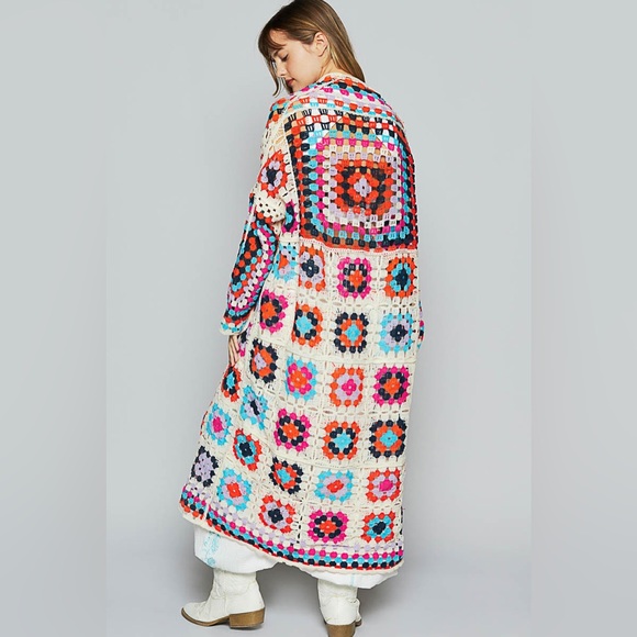 POL Sweaters - LAST 2! . POL MULTICOLOR CROCHET CARDIGAN SWEATER DUSTER square  boho bohemian